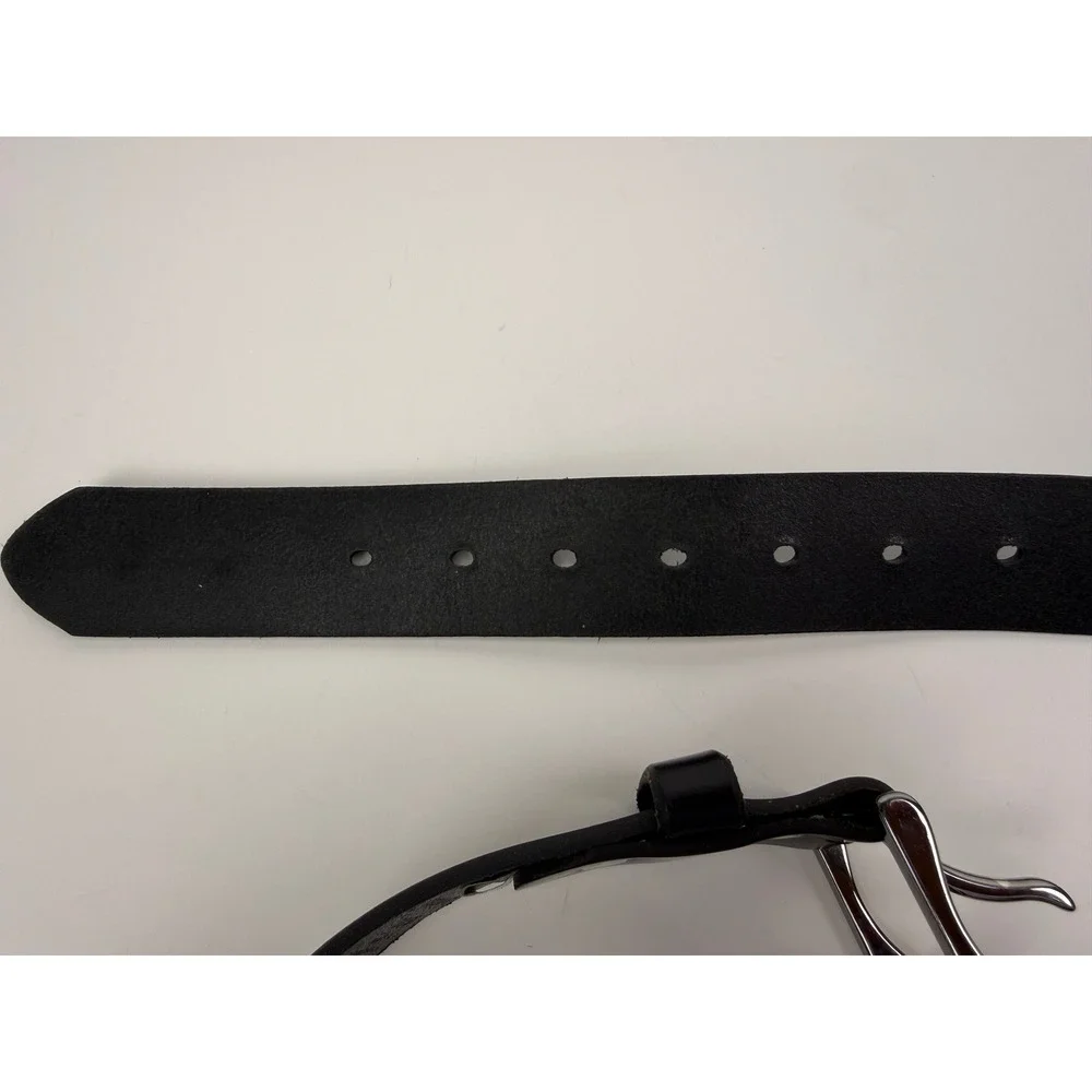 Levis Mens Leather Belt Black Size 38 Silver Tone Harness Buckle Logo Engraved